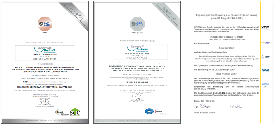 SCC, ISO 9001 and KTA 1401 Certificates