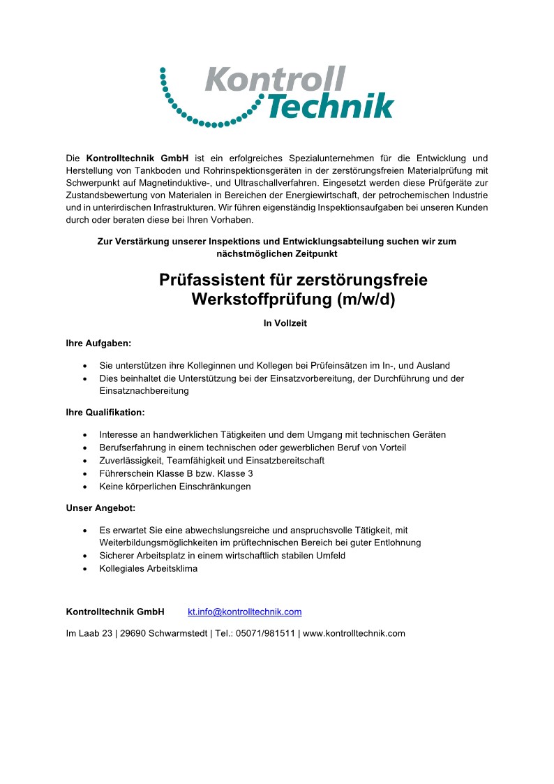Job advertisement: inspection assistant