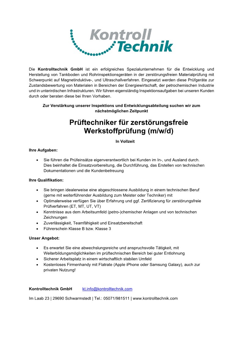 Job advertisement: inspection technician